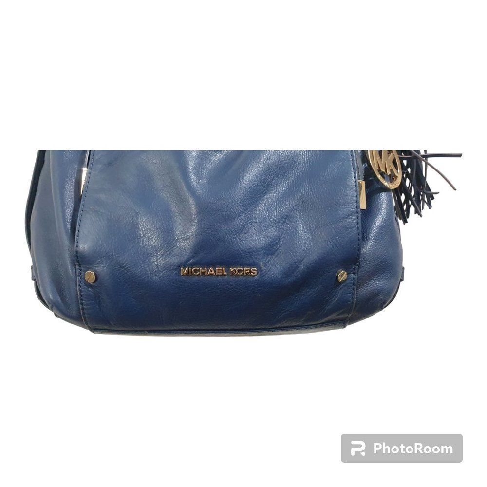 MICHAEL KORS BLUE LEATHER GOLD CHAIN DEVON LARGE SHOULDER TOTE BAG PURSE - Picture 10 of 16